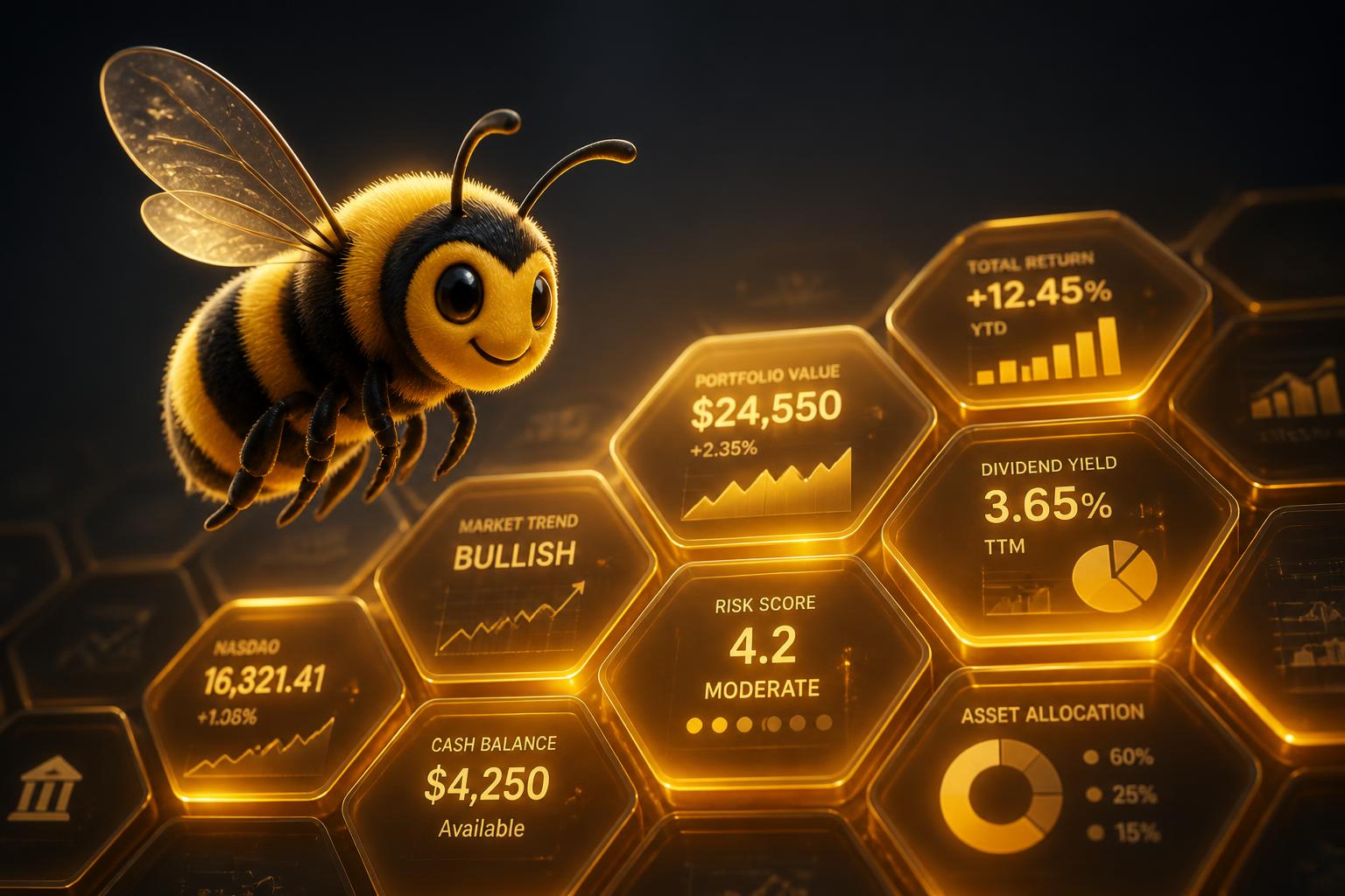 Budget Bee flying over glowing honeycomb finance tiles